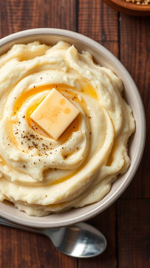 A bowl of creamy mashed potatoes with butter and pepper on a rustic table.